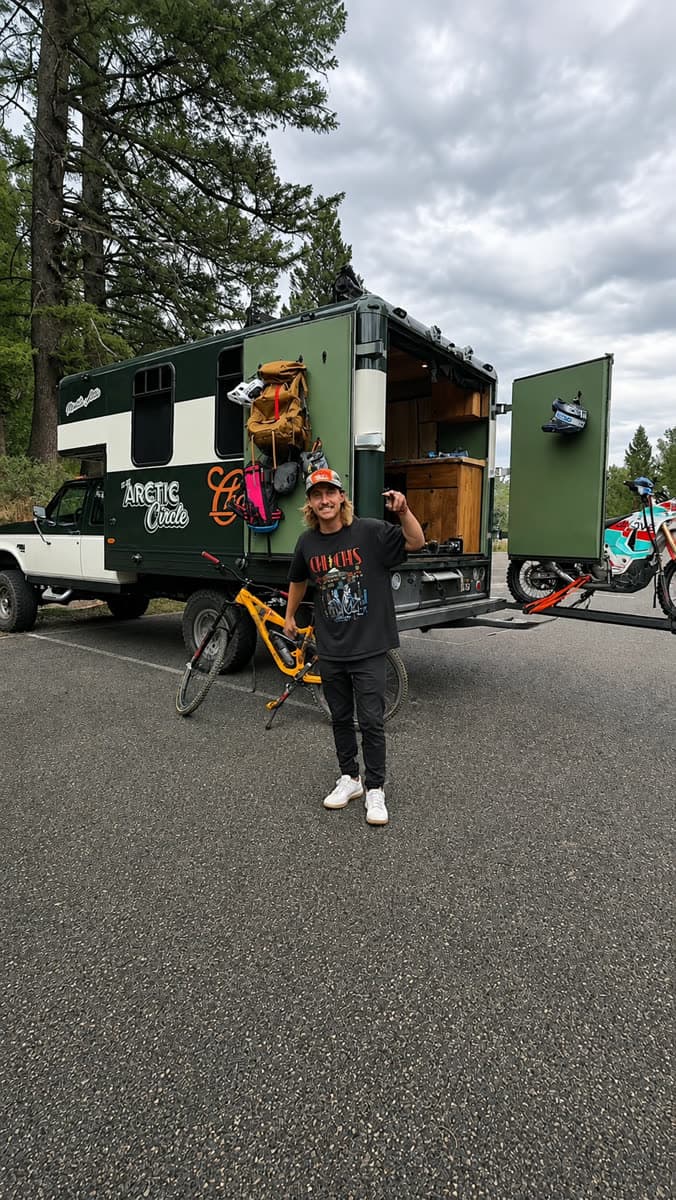 Matt with the finished green-and-white house truck, loaded with bikes and gear