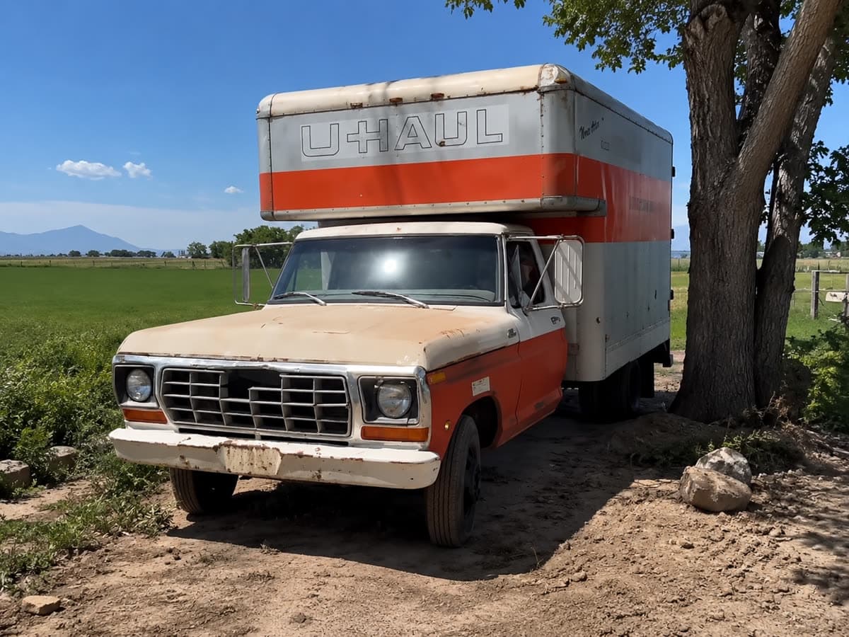 The original orange-and-white U-Haul box truck parked under a tree, before the conversion