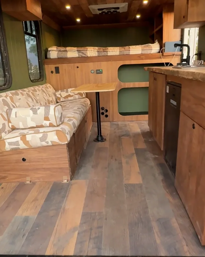 The finished wood-lined interior of Charlie